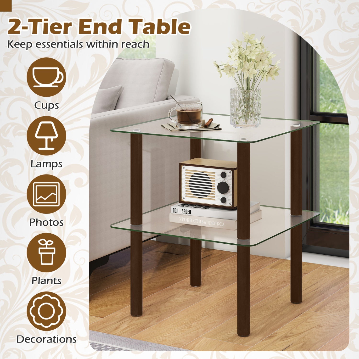 Square End Table with Tempered Glass Top and Shelf