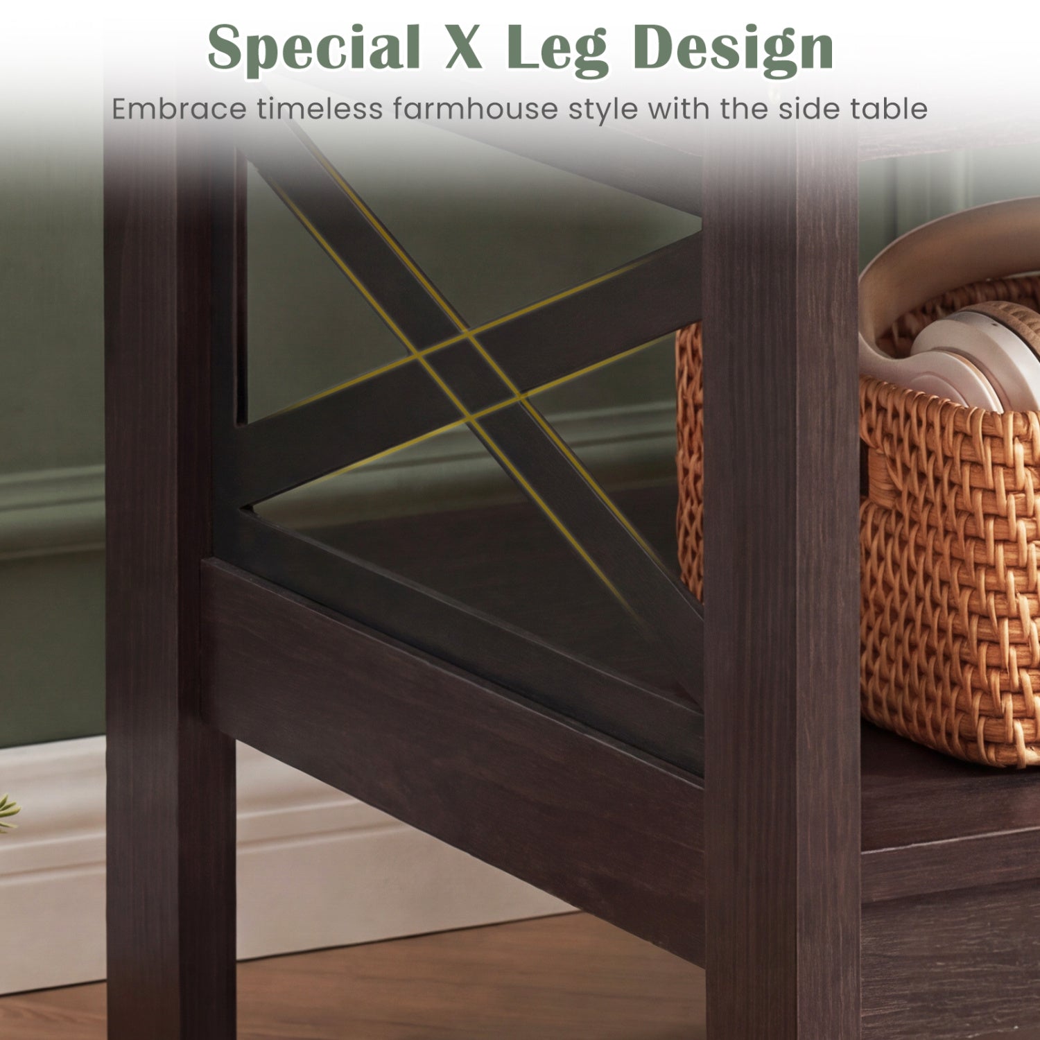 2-Tier Square Side Table with Storage Shelf and X-Frame for Bedroom Living Room