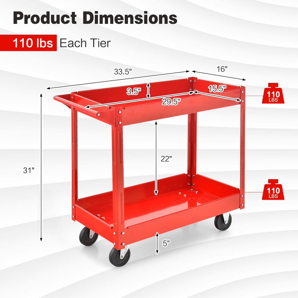 2-Tier Utility Cart with Handle and Heavy-Duty Metal Frame-Red
