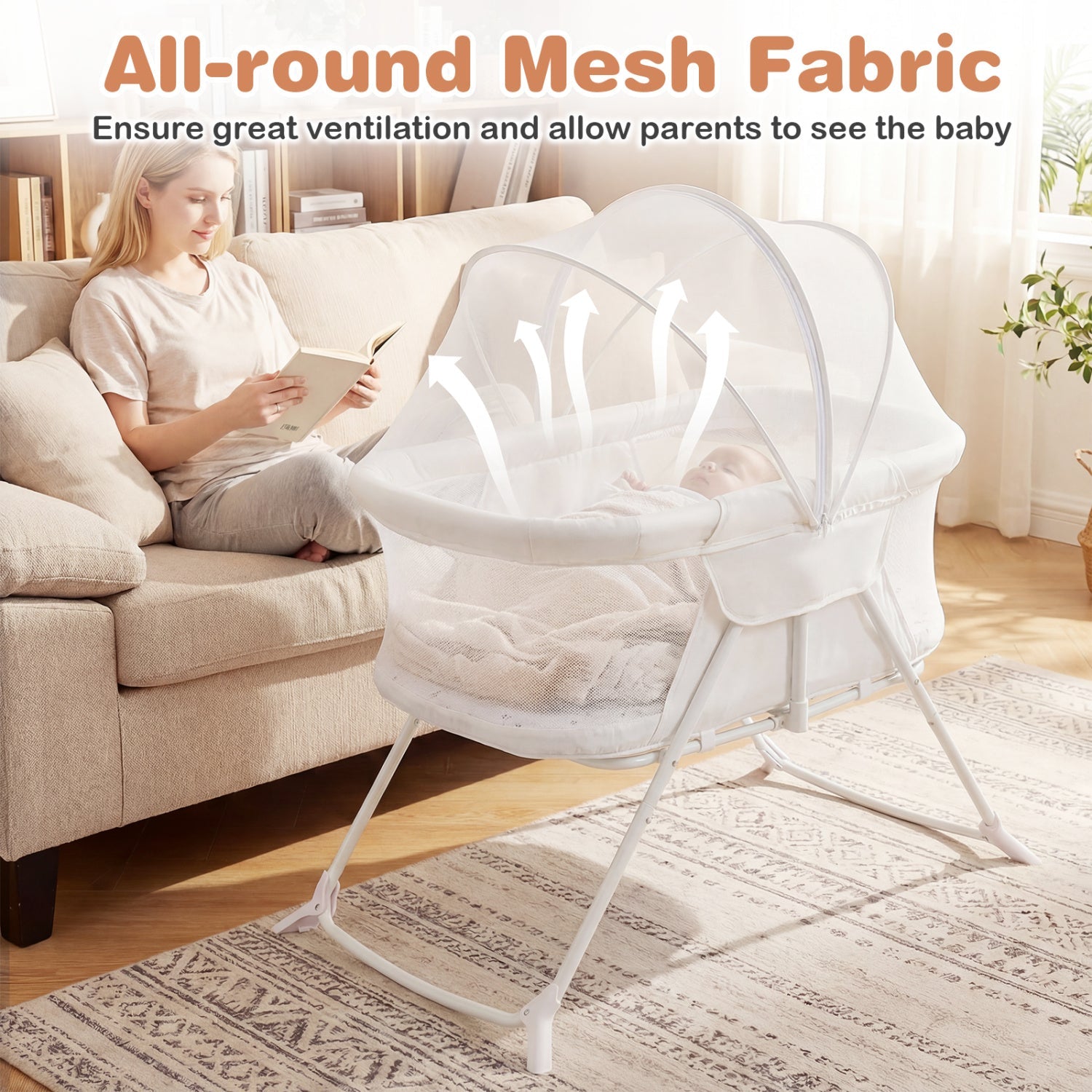 2 in 1 Baby Bassinet with Rocking Motion Foldable Bedside Sleeper with Breathable Mesh