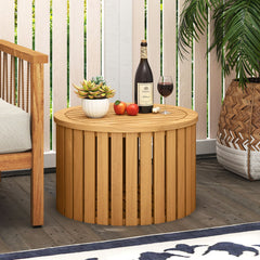 2-in-1 Outdoor Side Table with Storage Acacia Wood Slatted Coffee Table Square and Round Slatted End Storage Box