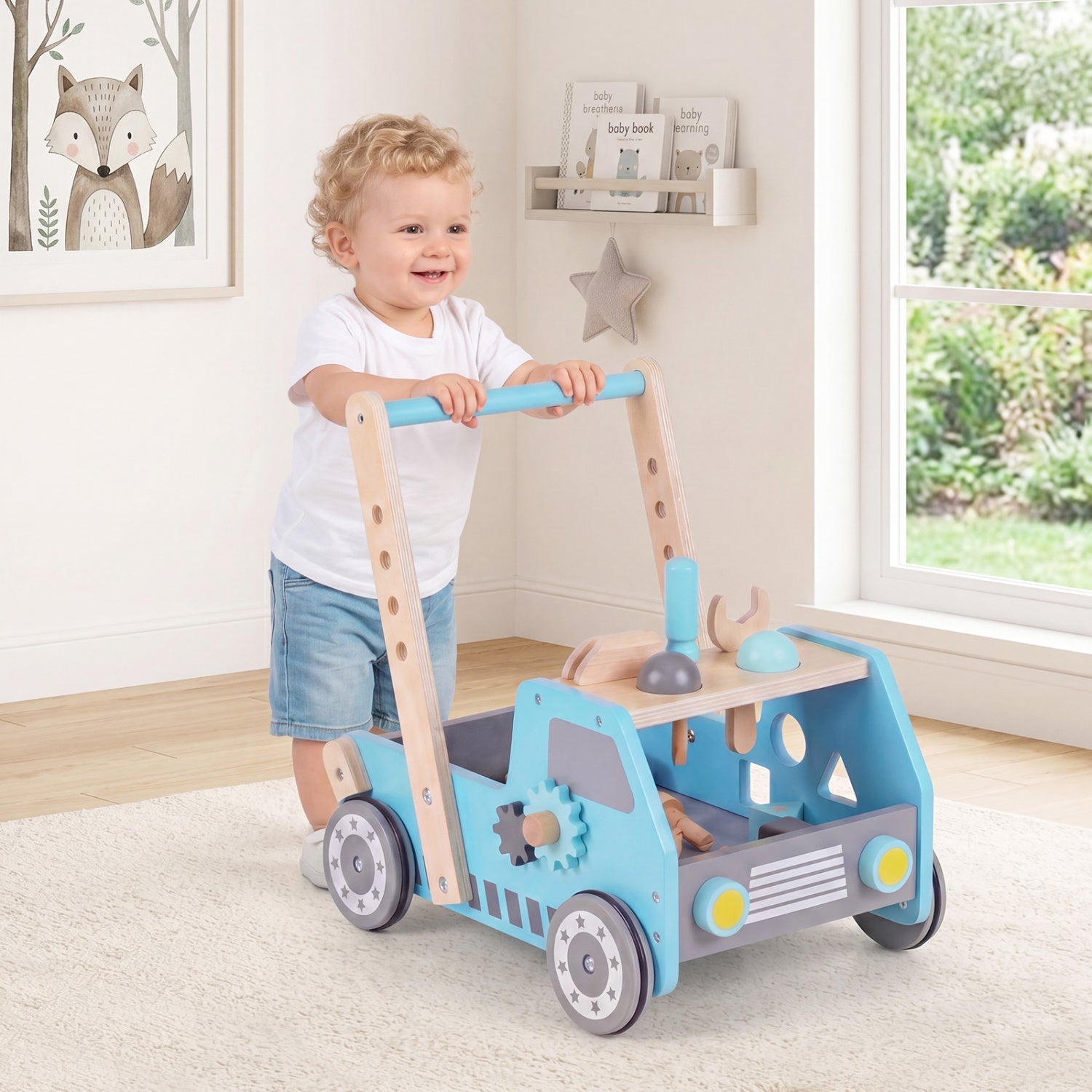 2-in-1 Wooden Baby Walker with Adjustable Speed and Storage