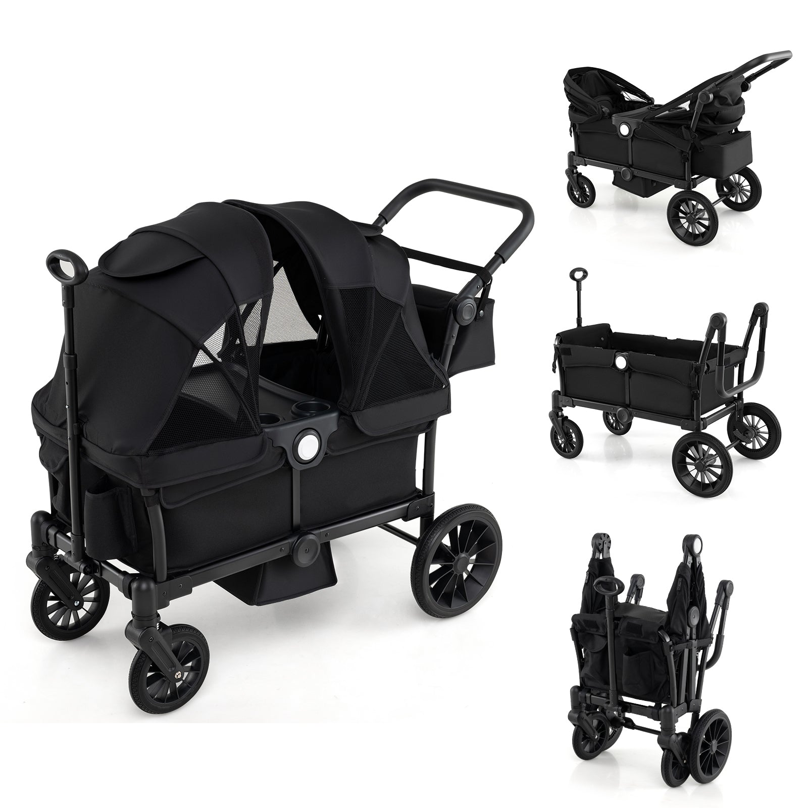 2 Seater Push Pull Collapsible Kids Wagon Stroller with Adjustable Handlebars-Black