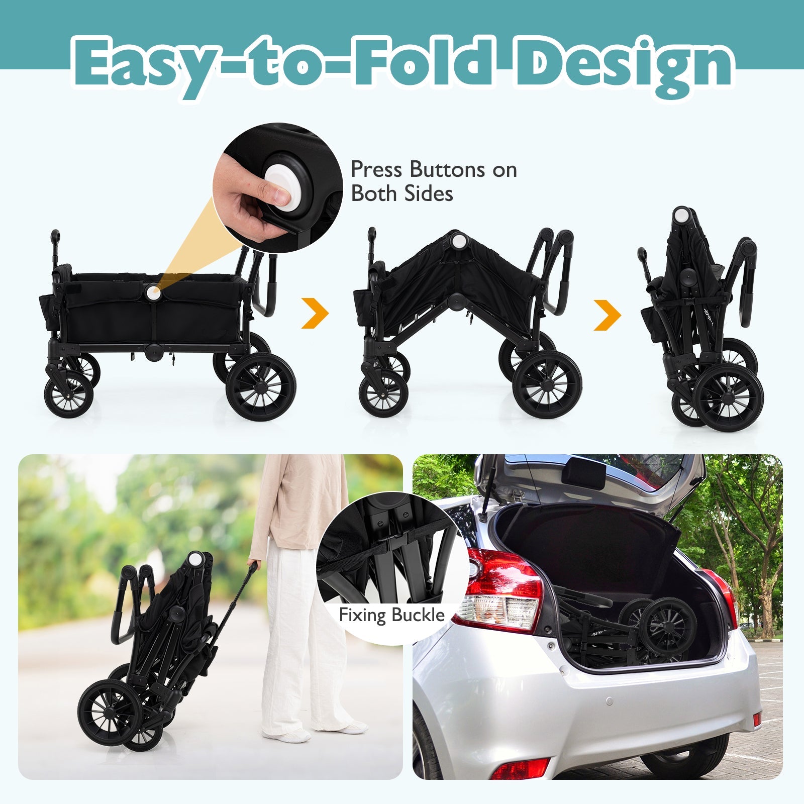 2 Seater Push Pull Collapsible Kids Wagon Stroller with Adjustable Handlebars-Black