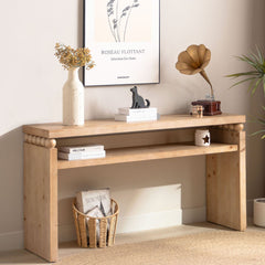 Modern Rustic Console Table – 59” Wood Entryway Table with Shelf & Decorative Bead Detail