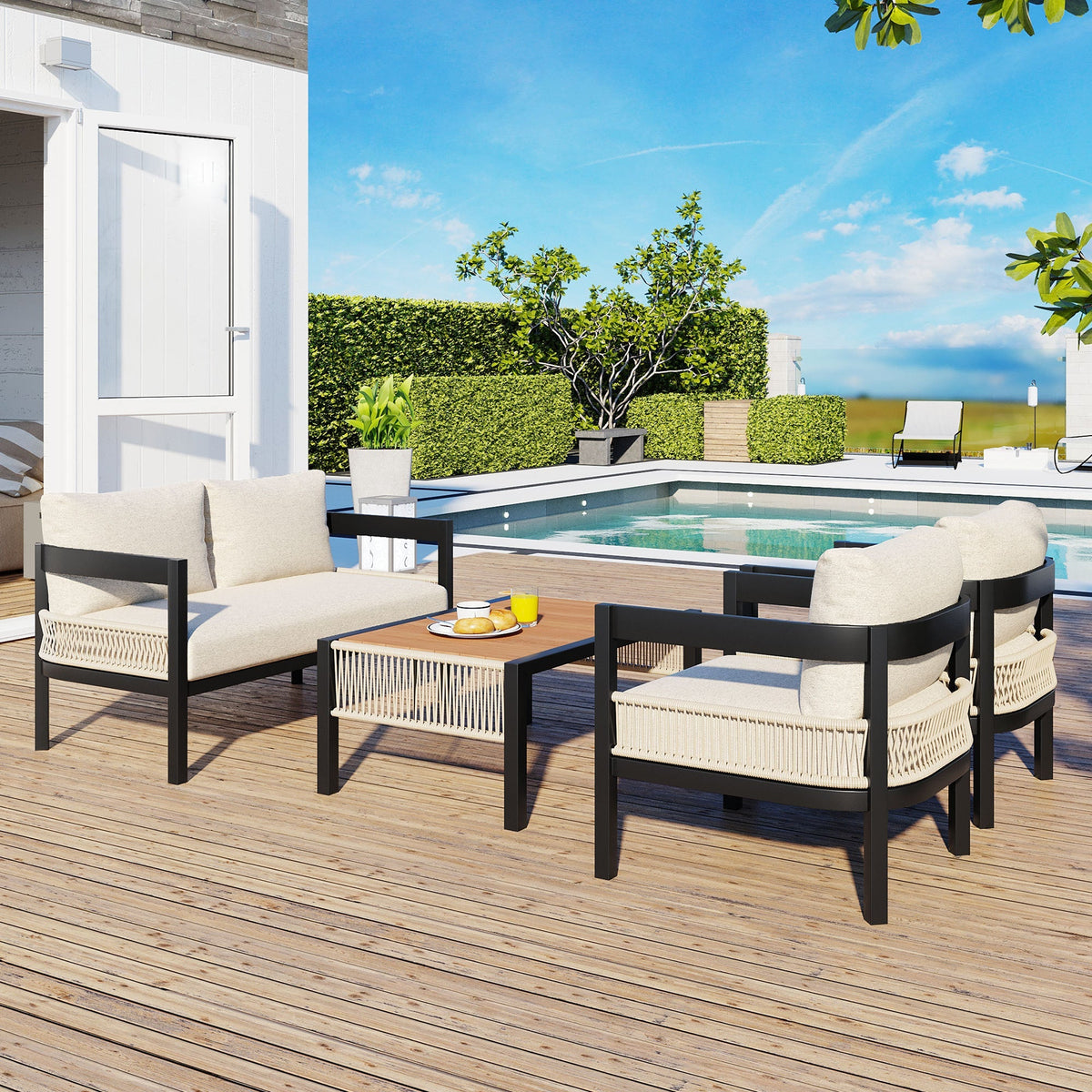 U_Style Multi-Person Outdoor Iron Sofa Set with Rattan Decoration