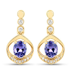 0.76 Carat Genuine Tanzanite and White Diamond 14K Yellow Gold Earrings