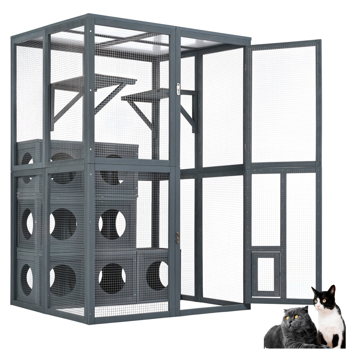 Grey Pine Wood Outdoor Cat House with Shelves and Weather Protection