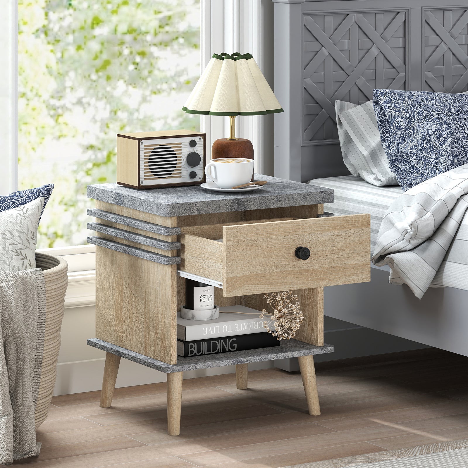 3-Tier Bedside Table Nightstand with Antique Grey Faux Marble Top-Grey