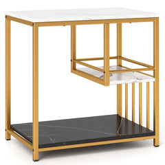 3-Tier Multi-function Marble End Table with Storage Shelf-Golden