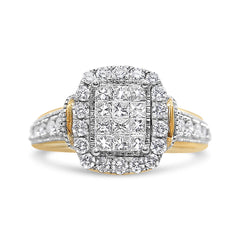 14K Yellow and White Gold 1.00 Cttw Princess and Round Cut Emerald Shaped Halo Diamond Cluster Ring (SI1-SI2 Clarity, H-I Color) - Size 7