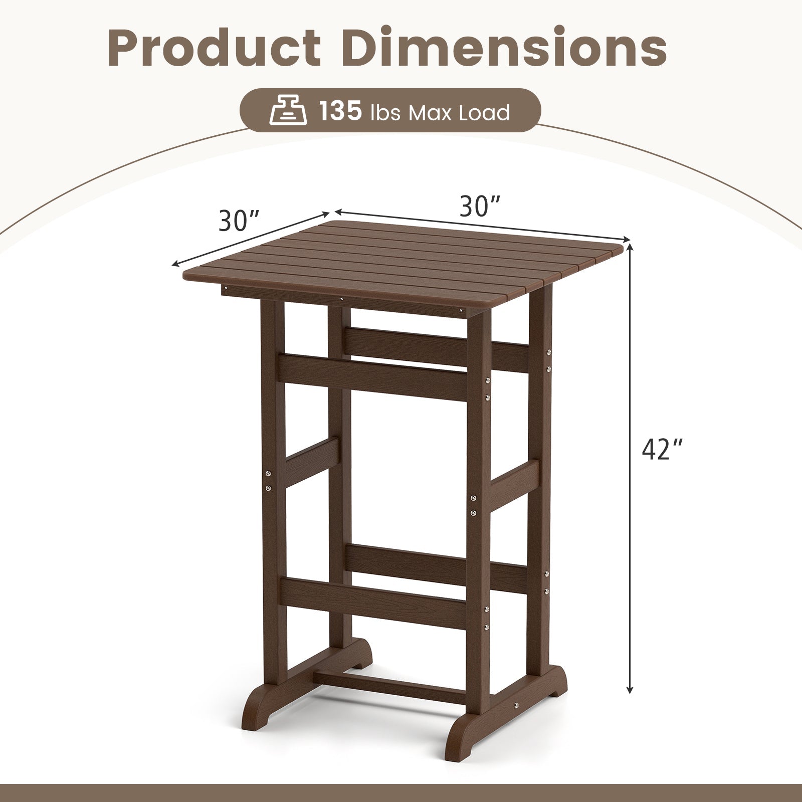 30 Inch Square Bar Table Dining Table with Slatted Tabletop for Poolside-Brown