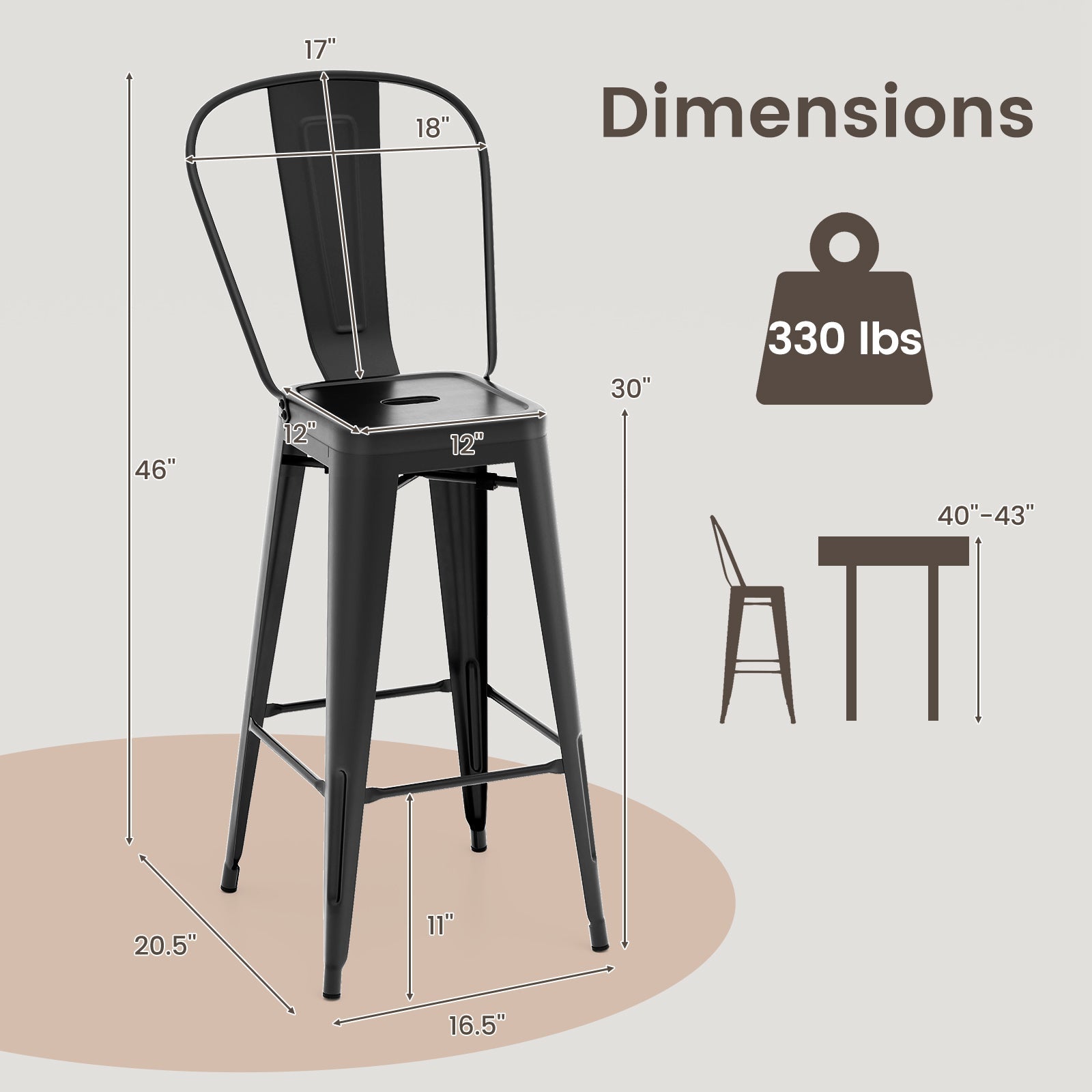 Set of 4 Bar Height Chairs Stackable Metal Bar Stools with Removable Backrest-Black