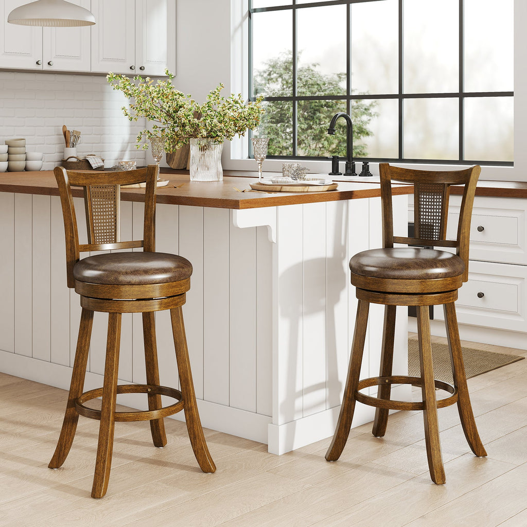 Swivel Bar Stools Set of 2 with Rattan Backrest - Brown
