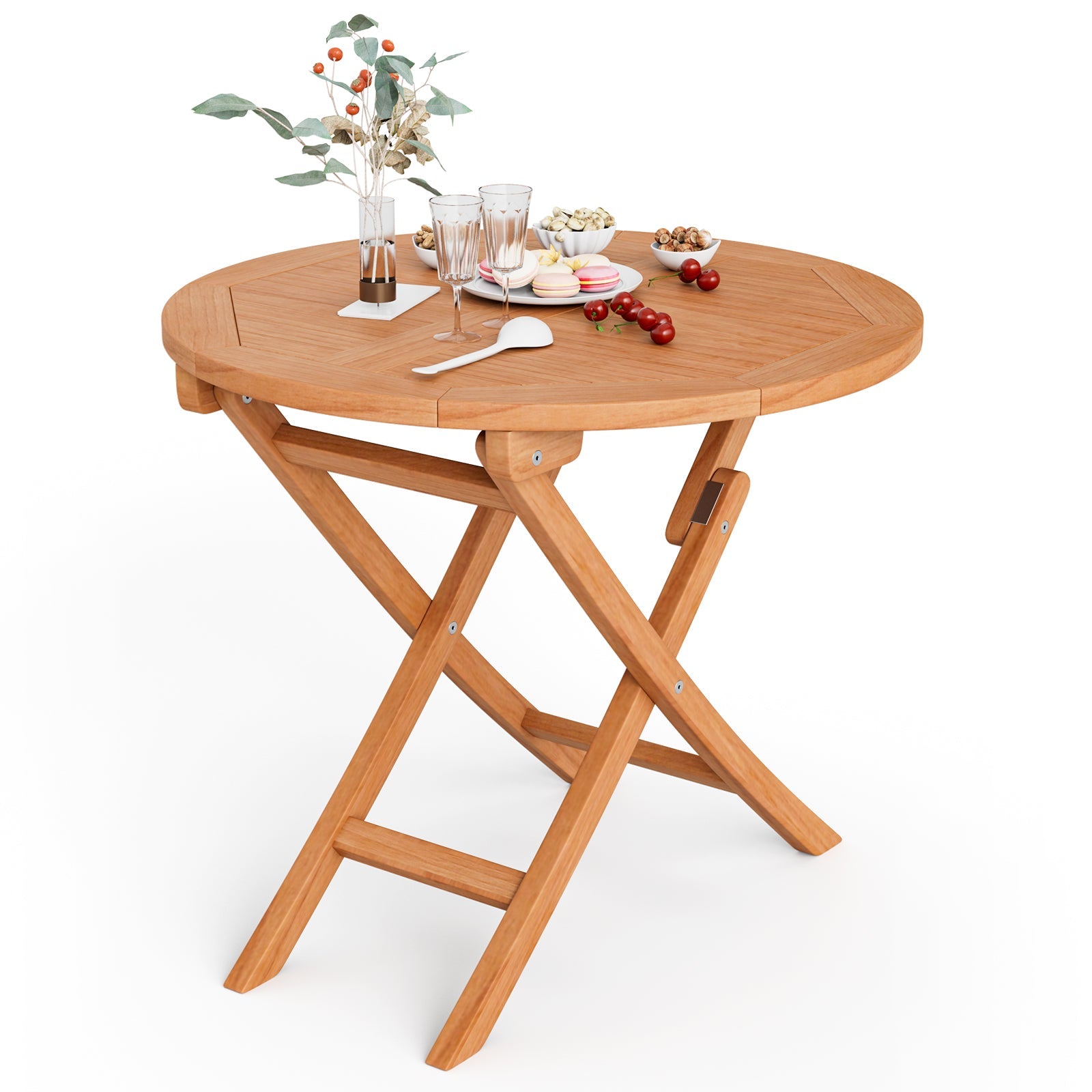 31.5 Inch Folding Patio Indonesia Teak Wood Round Coffee Table