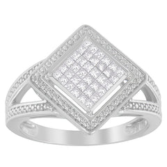 .925 Sterling Silver 1/3 Cttw Invisible Set Princess-Cut Diamond Rhombus and Beaded Halo Ring (H-I Color, SI1-SI2 Clarity) - Ring Size 7