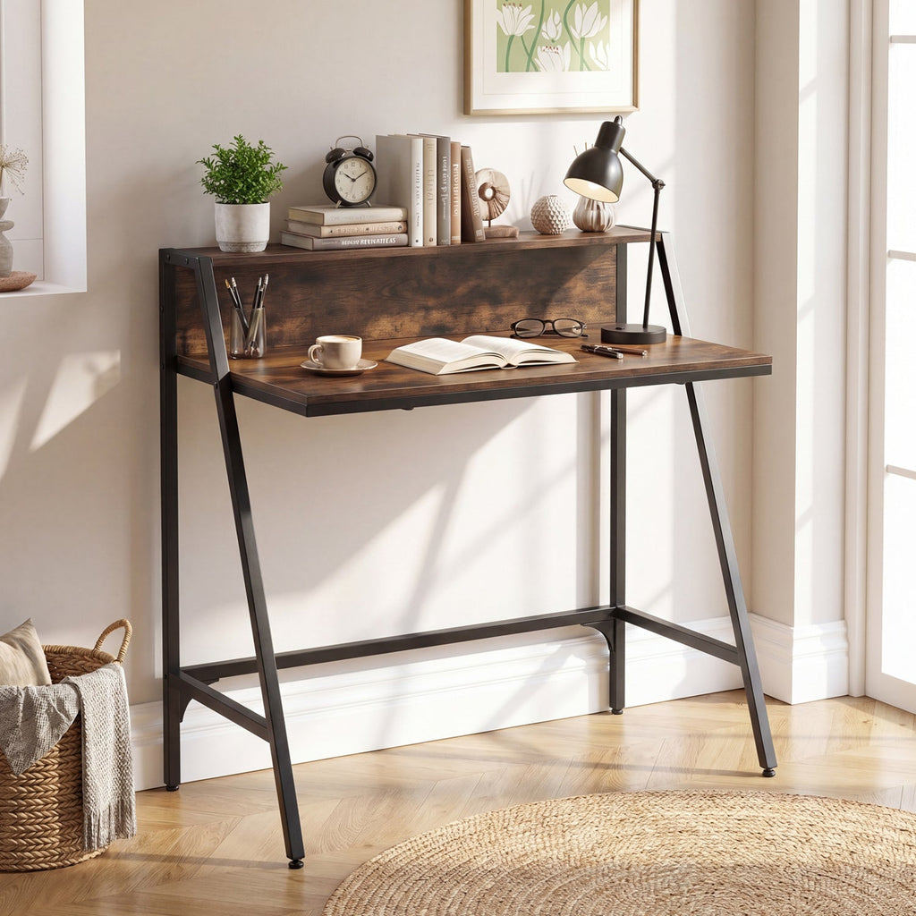 31.5" Industrial Desk with Raised Shelf Metal Frame