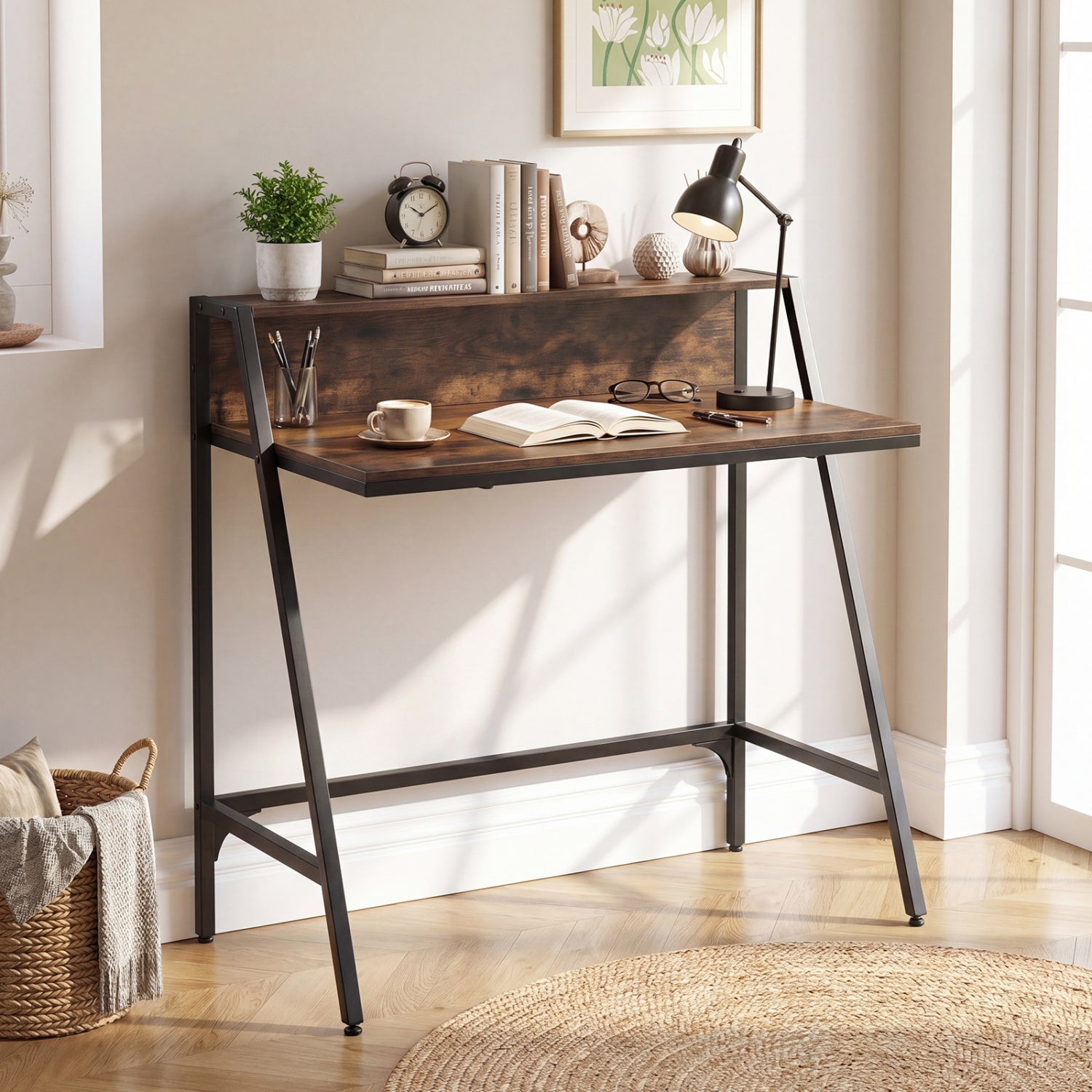 31.5" Industrial Desk with Raised Shelf Metal Frame