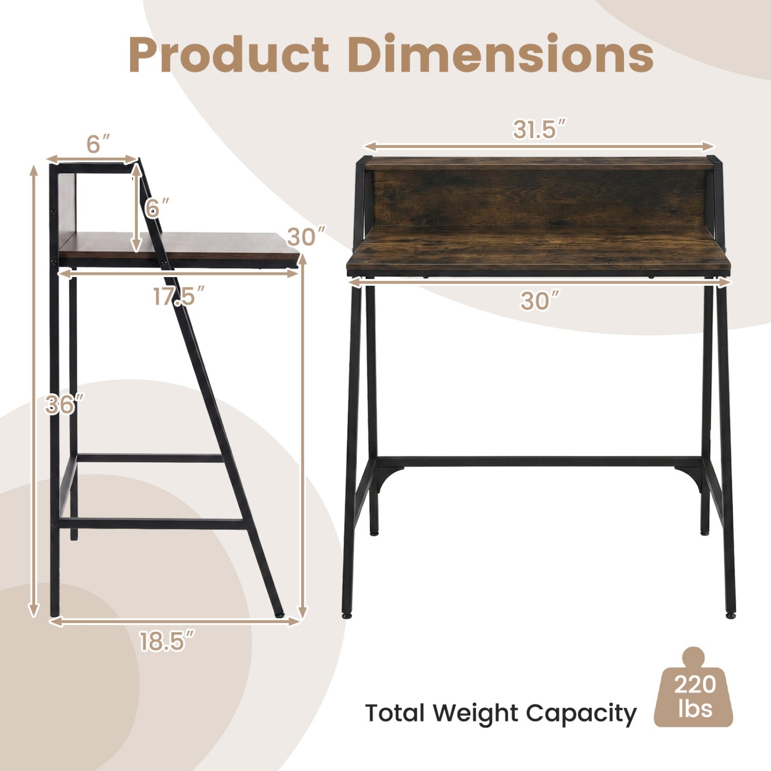 31.5" Industrial Desk with Raised Shelf Metal Frame
