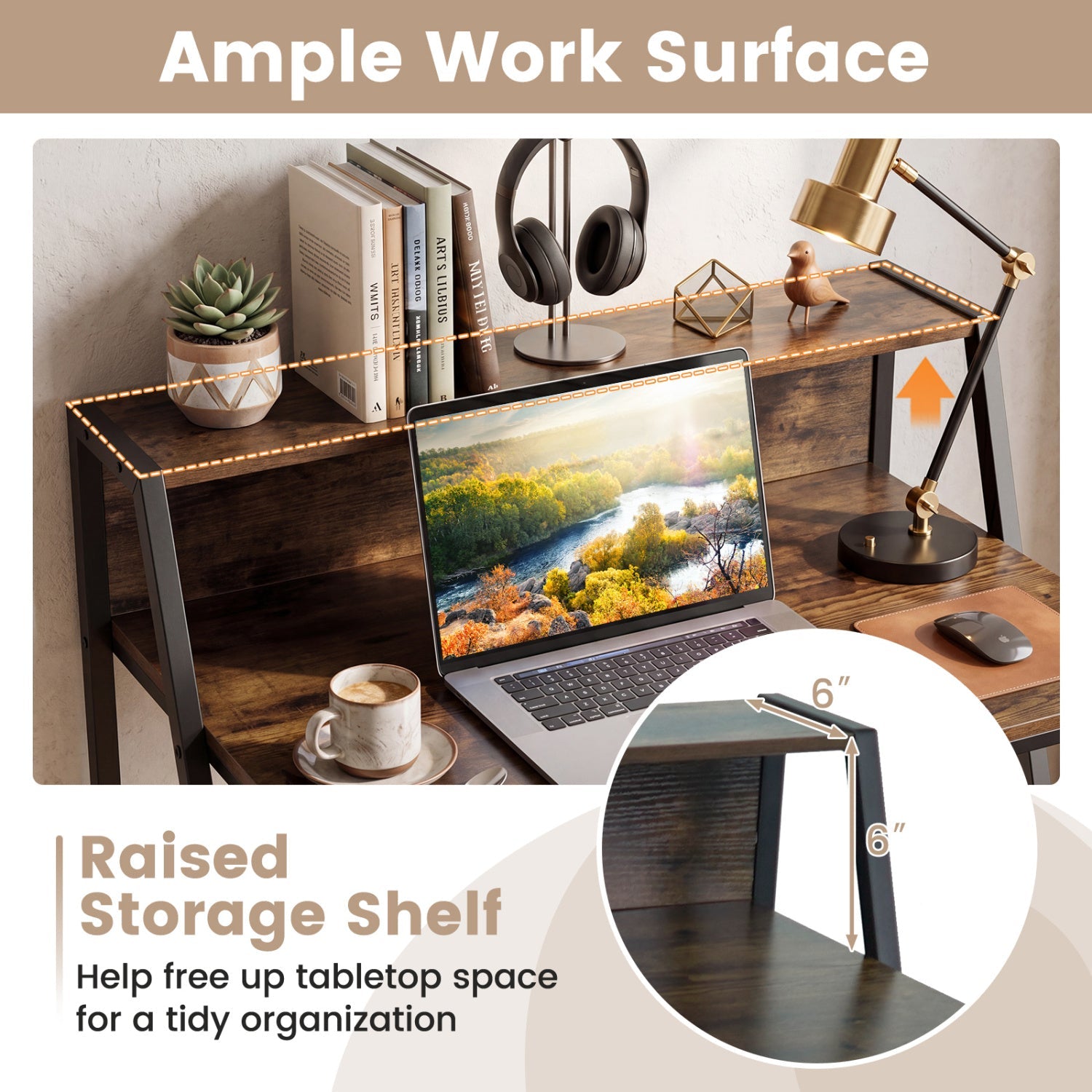 31.5" Industrial Desk with Raised Shelf Metal Frame