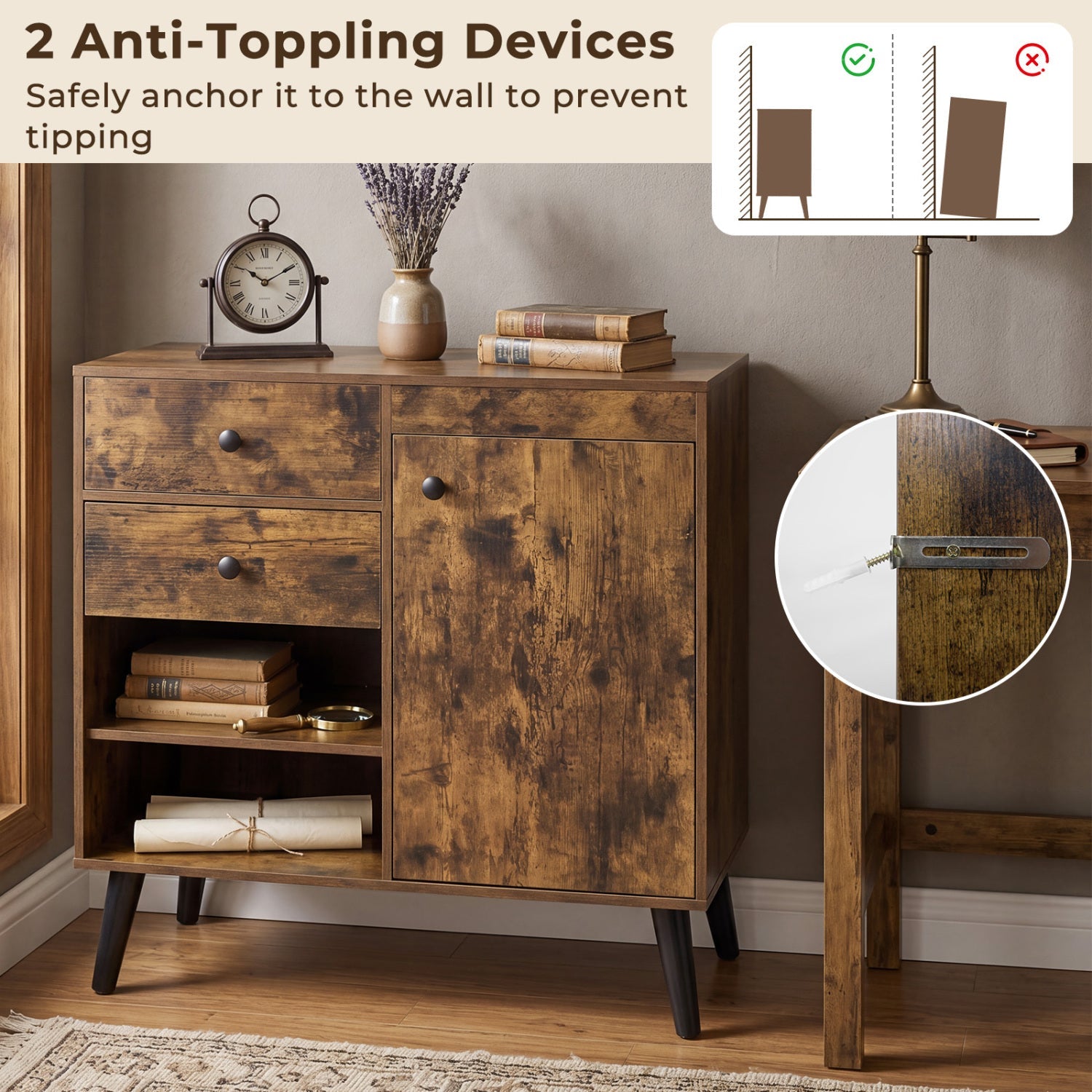 31" Sideboard Cabinet with 2 Drawers and Open Shelves