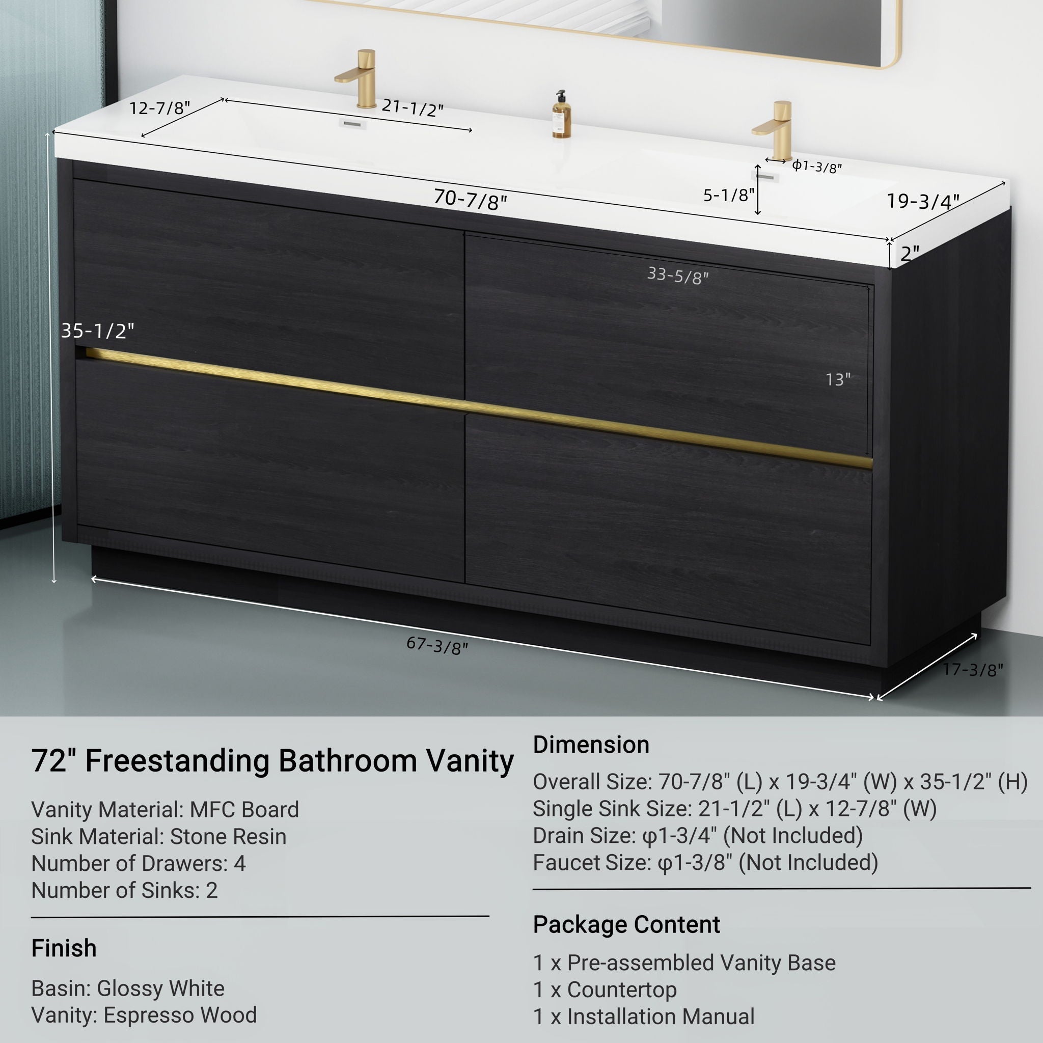 Bathin Freestanding Bathroom Vanity With Double Sinks, Bathroom Storage Vanity Cabinet With Stone Resin Countertop And Soft Close Drawers