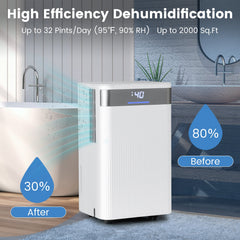 32 Pints 2000 Sq.ft Quiet Dehumidifier for Home with 3 Modes-White