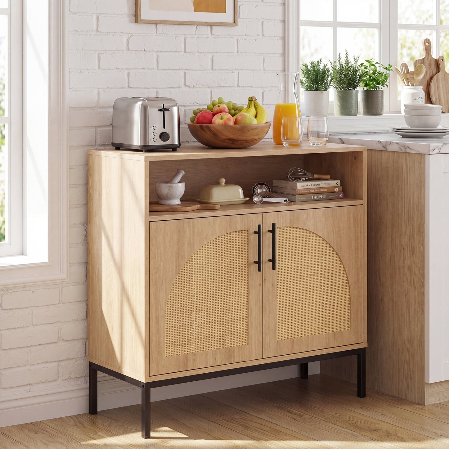 32" Sideboard Buffet Cabinet with 2 Natural Rattan Decorated Doors and Adjustable Shelf