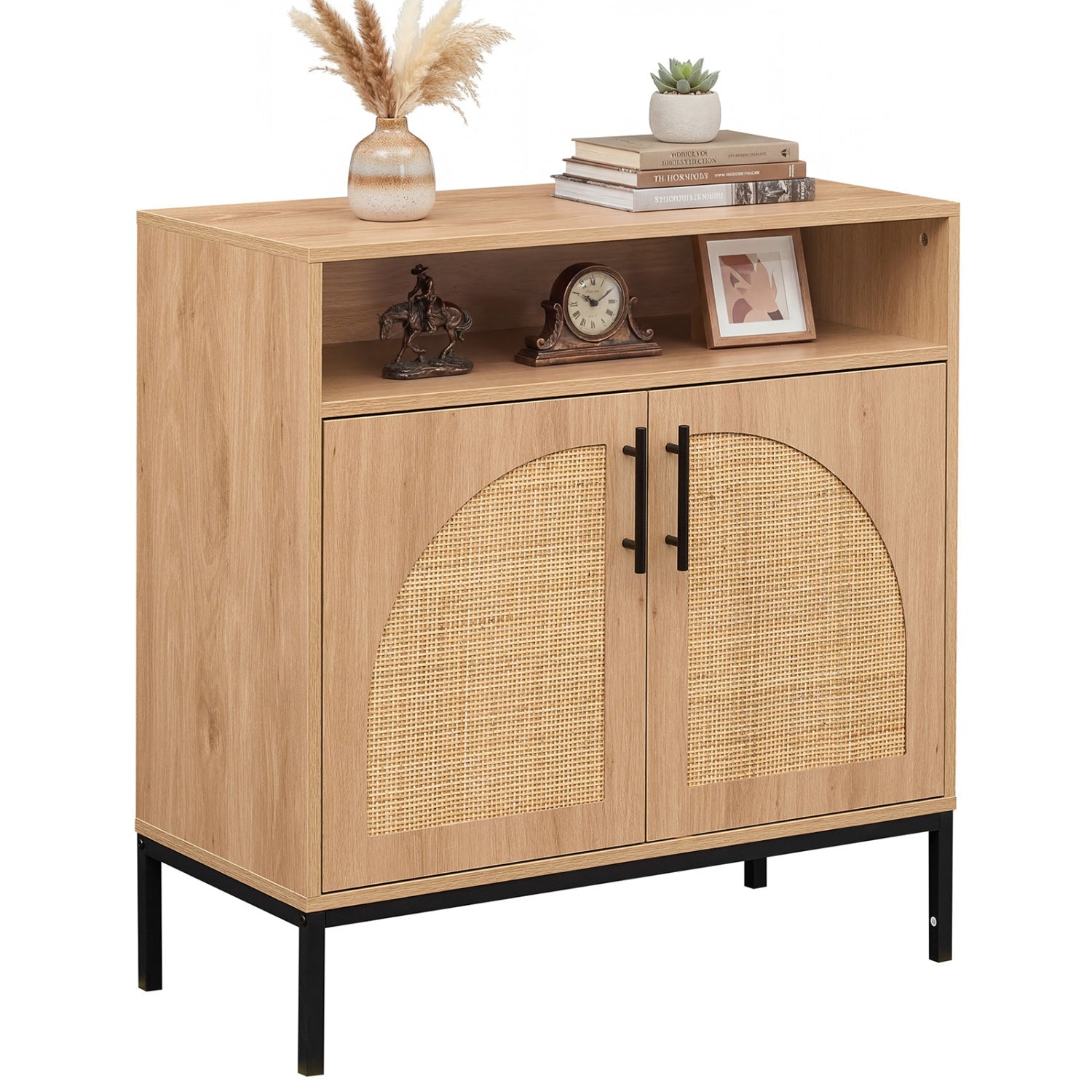 32" Sideboard Buffet Cabinet with 2 Natural Rattan Decorated Doors and Adjustable Shelf