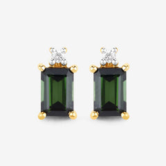 1.24 Carat Genuine Green Tourmaline and White Diamond 14K Yellow Gold Earrings