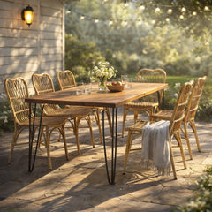7-Piece Outdoor Dining Set for 6 with Acacia Wood Table & Rattan Chairs