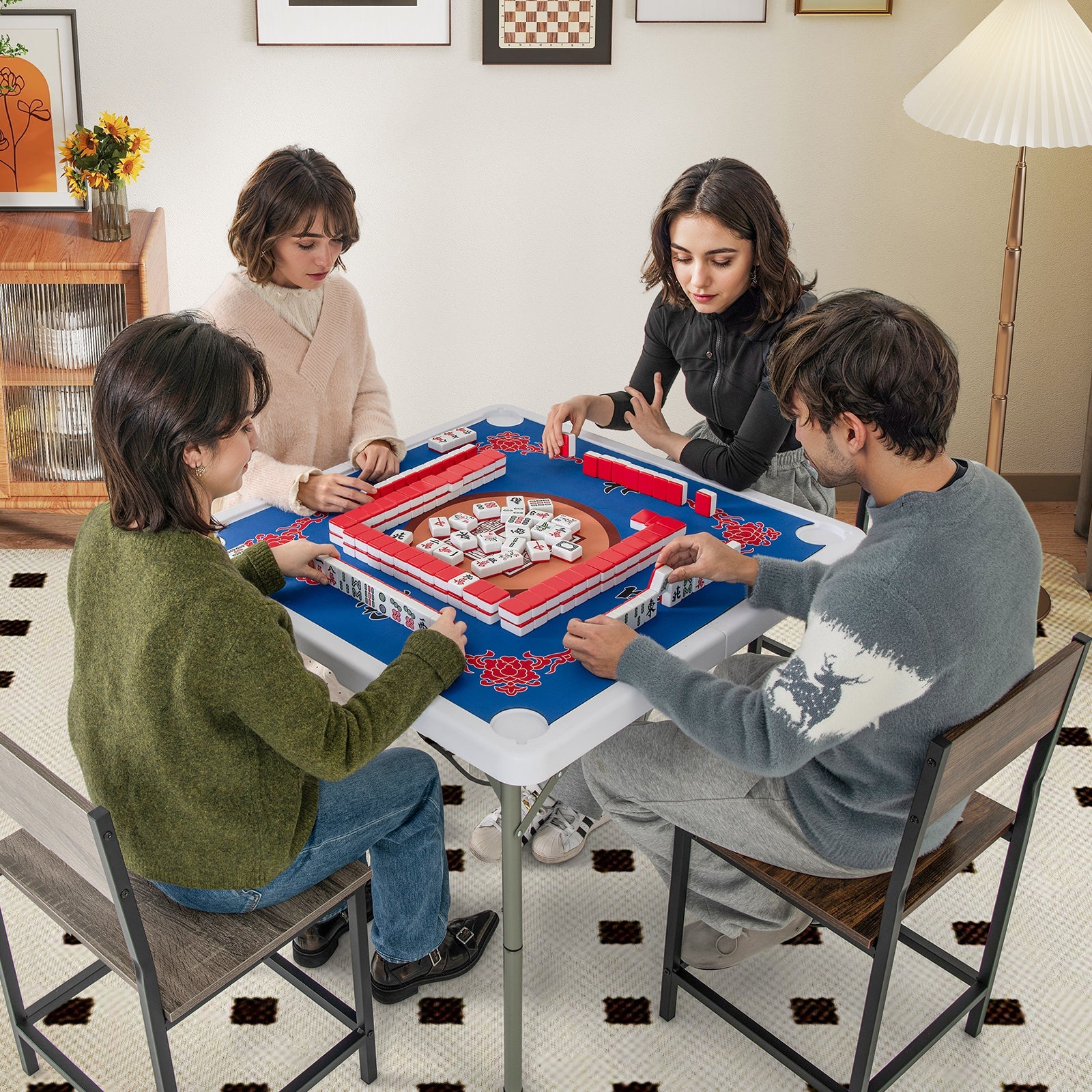 35 Inch 4 Player Game Card Folding Mahjong Table with Cup Holders-Blue