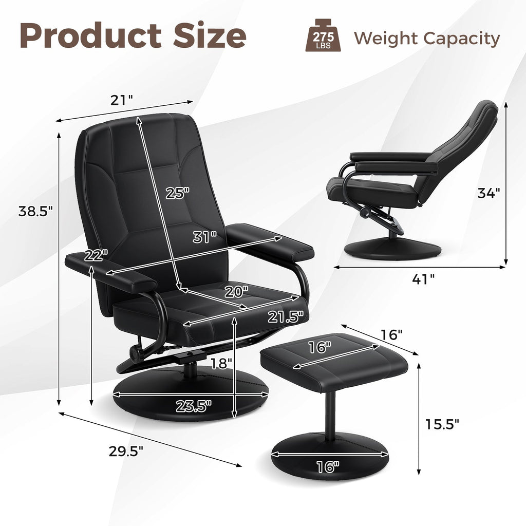 Swivel Recliner Chair with Ottoman in Black PU Leather