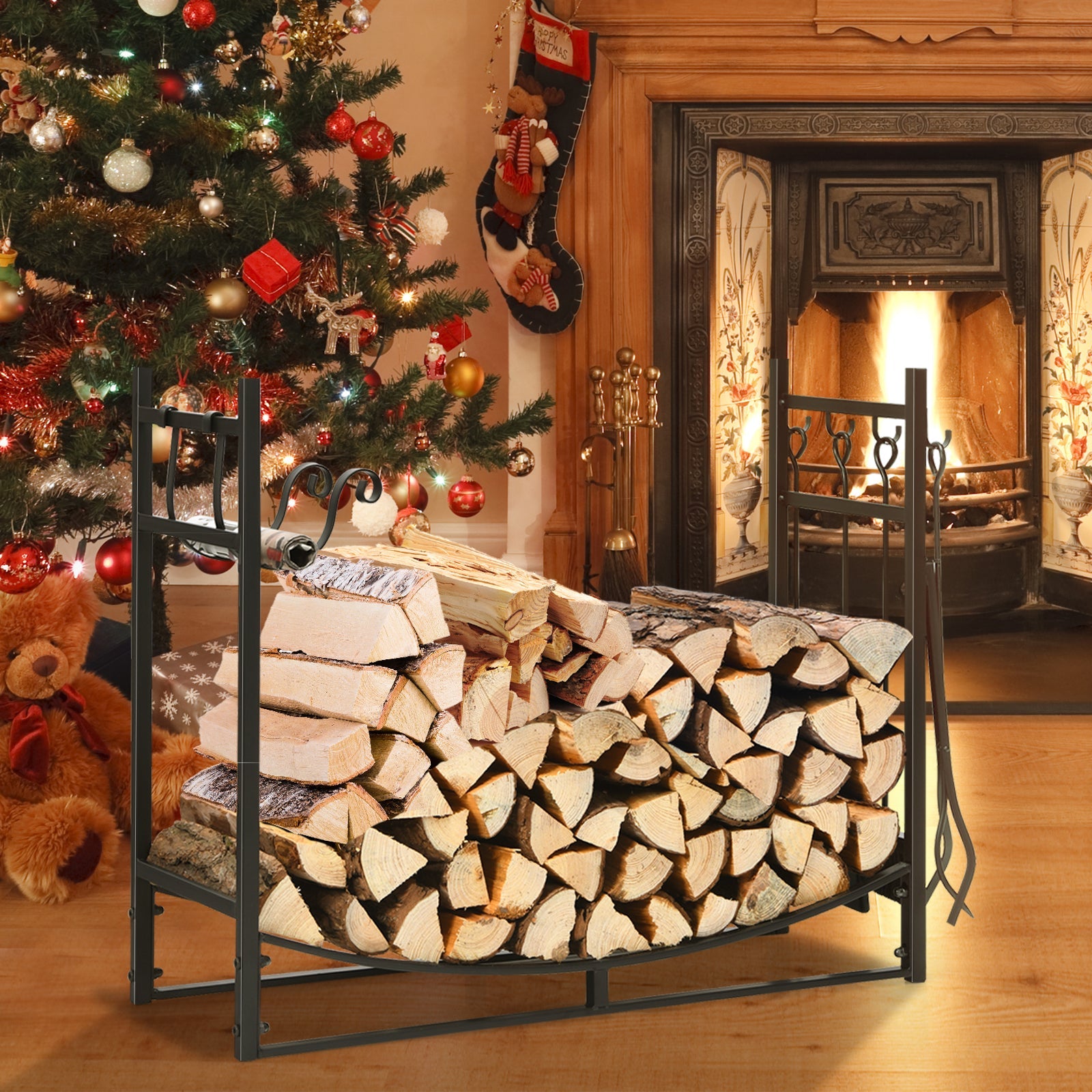 36 Inch Fireplace Log Holder with Tools and Kindling Holders