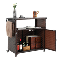 Outdoor Wicker Bar Cart with Glass Top and Wheels - Light Brown