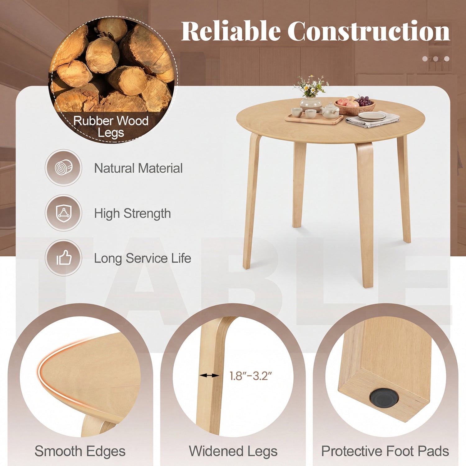 37.5" Round Dining Table with Rubber Wood Legs for Small Space
