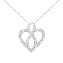 14K White Gold 1/4 cttw Round Cut Diamond Heart and Ribbon Center Pendant Necklace (H-I, I1-I2)