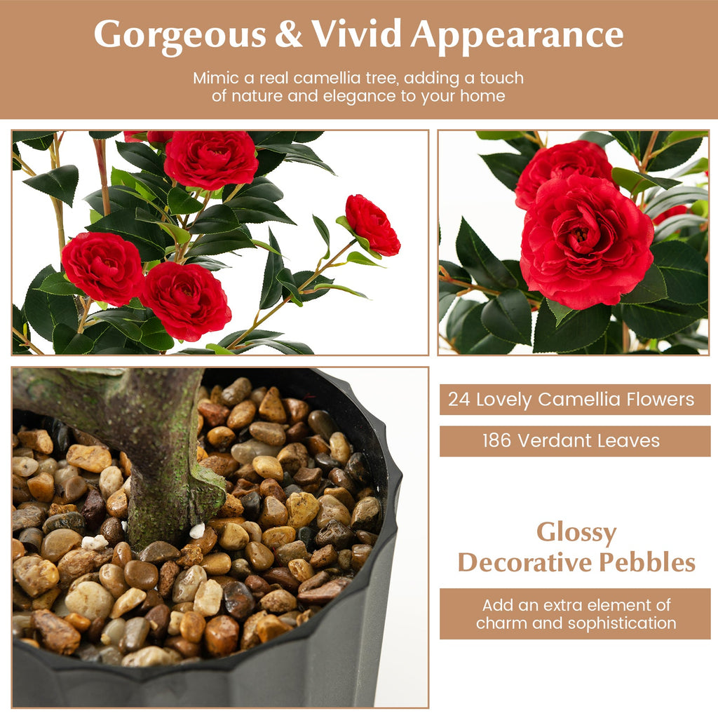 38 Inch Artificial Camellia Tree Faux Flower Plant in Cement Pot 2 Pack-Red