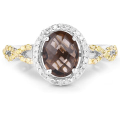 1.90 Carat Genuine Smoky Quartz, Yellow Diamond & White Diamond .925 Sterling Silver Ring