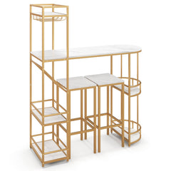 3 Pieces Bar Table Set with Storage Shelves and Wine Rack-Golden
