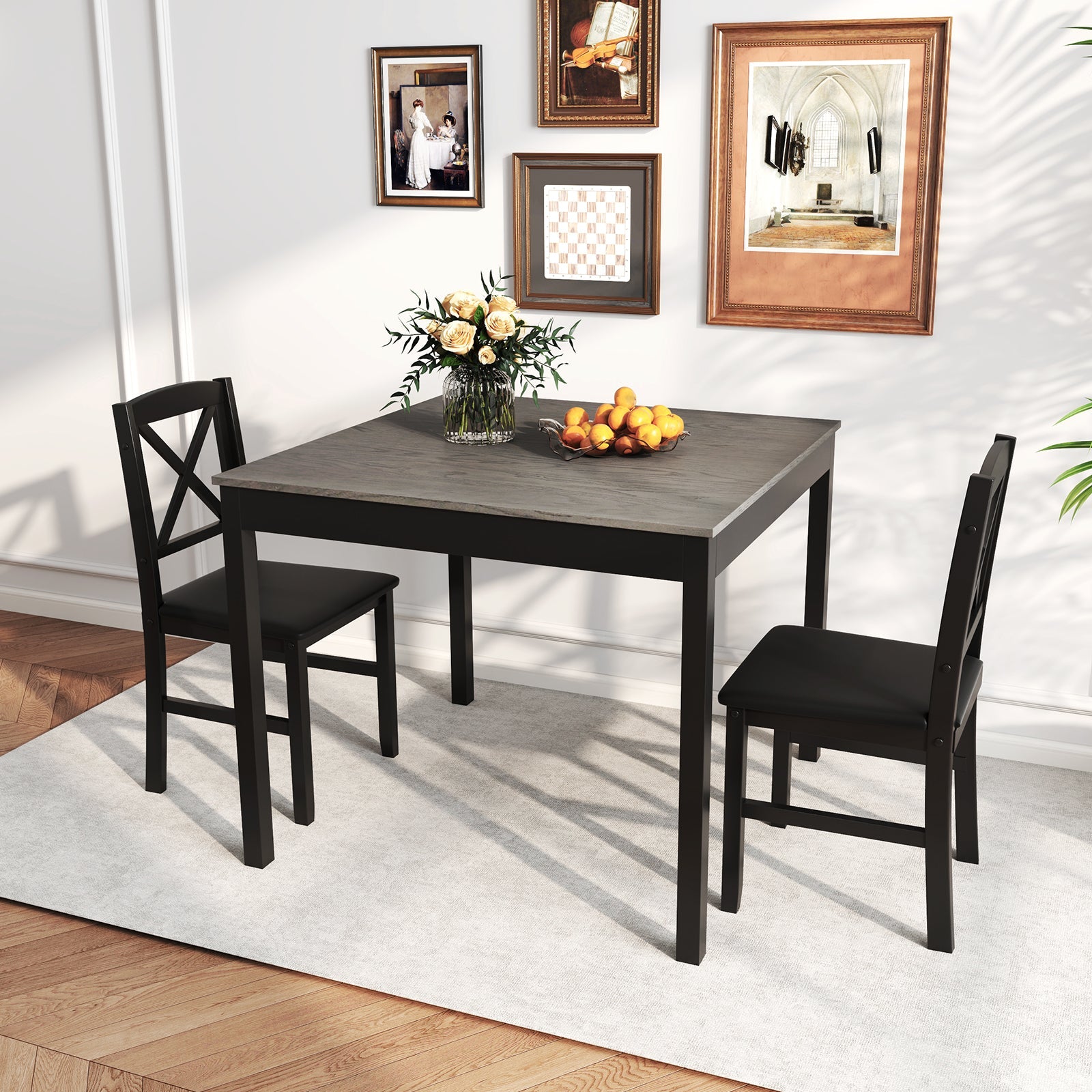 3-Piece Dining Table Set Wooden Square Kitchen Table for 2 People-Gray
