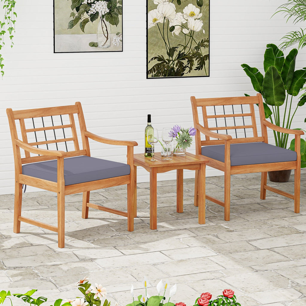 3 Piece Wood Patio Furniture Set with Seat Cushions and Acacia Wood Frame-Gray