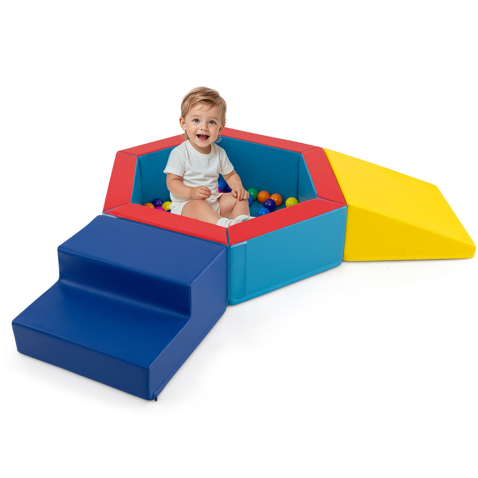3-Piece Baby Foam Climbing Blocks Climb and Crawl Set with 100 Ocean Balls-Yellow