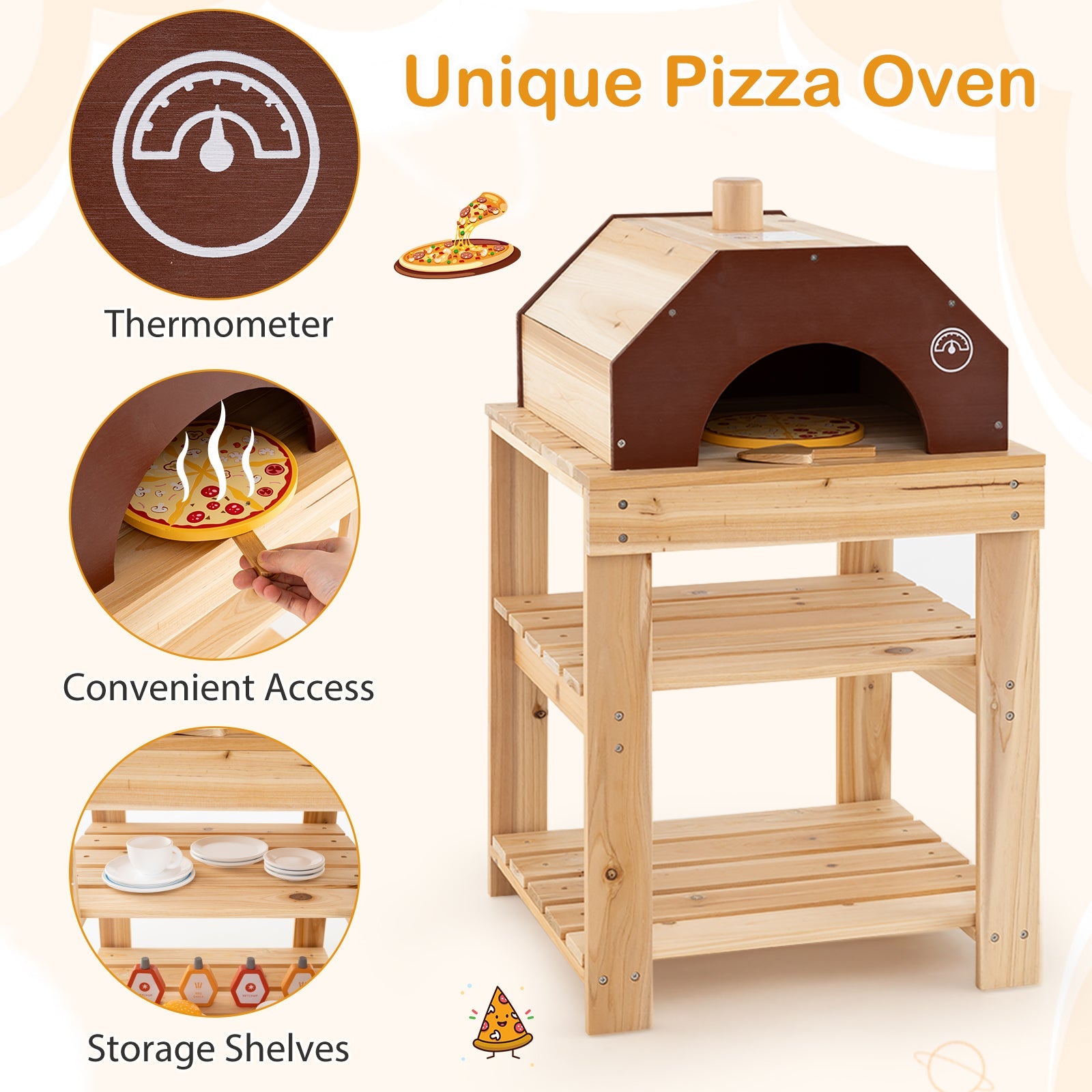 3-Piece Outdoor Kitchen Set Mud Kitchen with Separate BBQ Grill and Pizza Oven-Natural