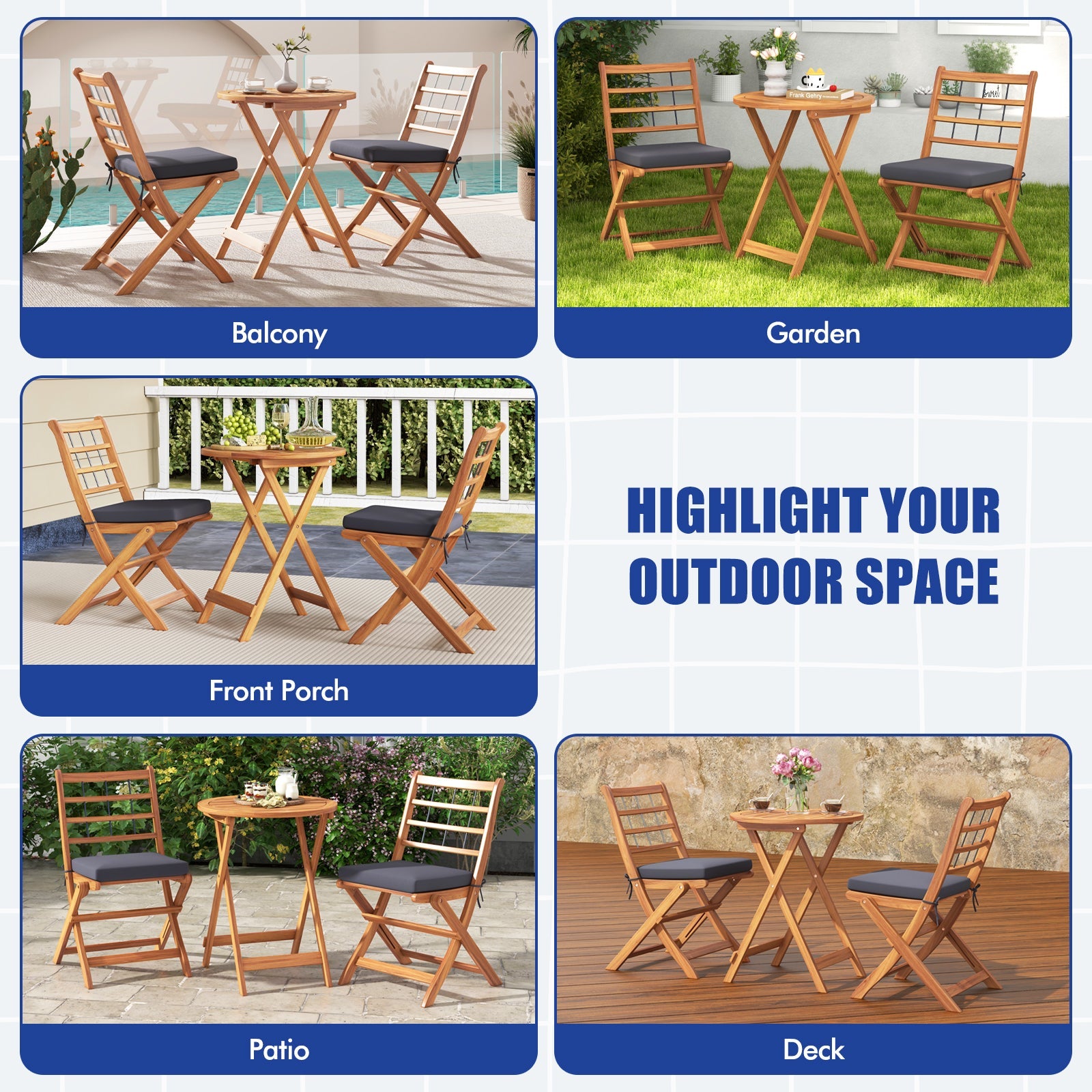 3 Pieces Acacia Wood Patio Bistro Set with Cushions-Gray