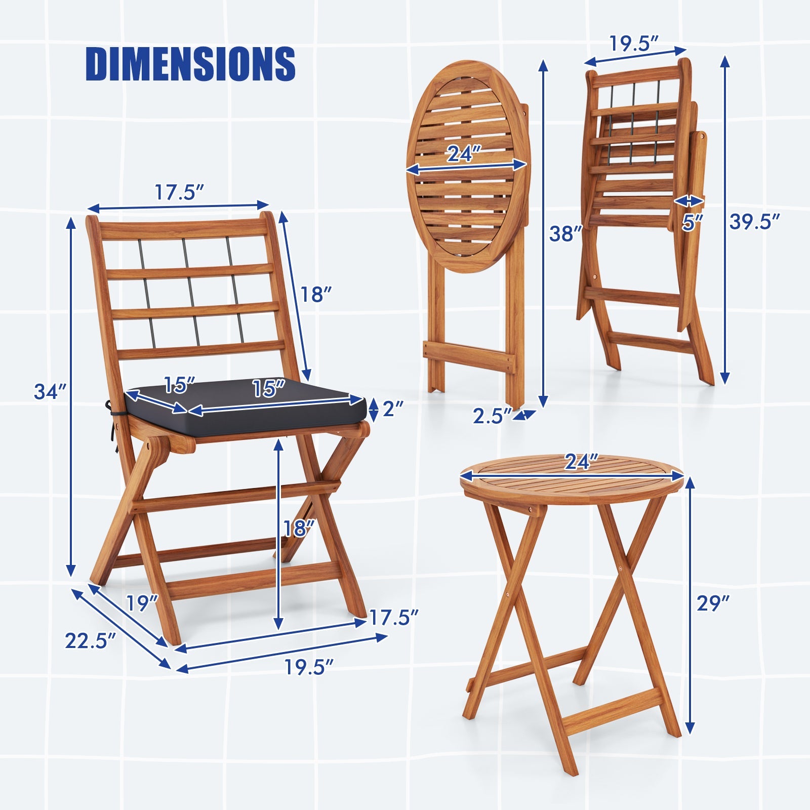 3 Pieces Acacia Wood Patio Bistro Set with Cushions-Gray