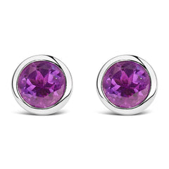 .925 Sterling Silver 6MM Bezel Set Created Purple Amethyst Solitaire Stud Earrings