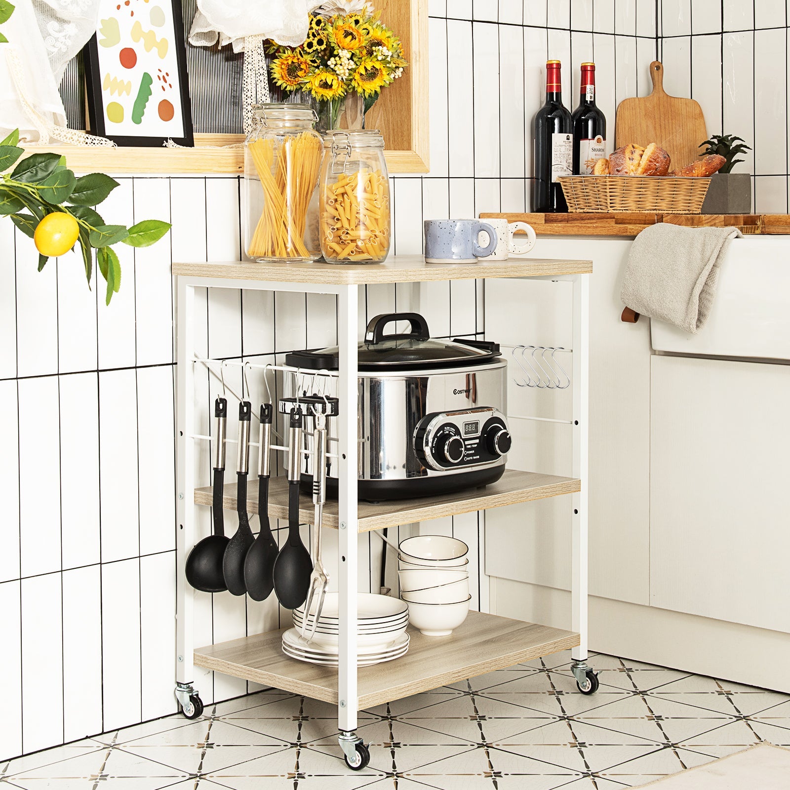 3-Tier Kitchen Baker's Rack Microwave Oven Storage Cart with Hooks-Light Brown
