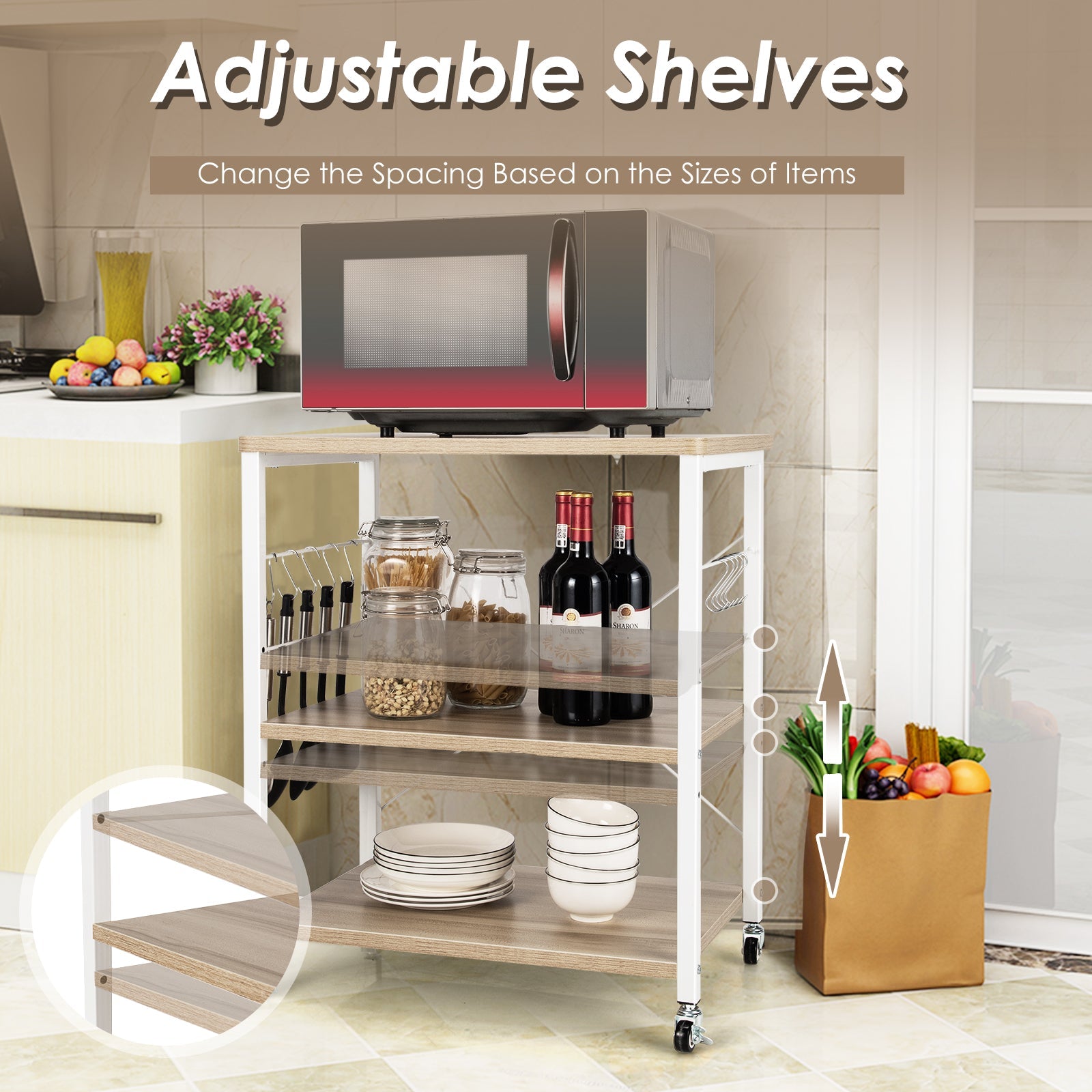 3-Tier Kitchen Baker's Rack Microwave Oven Storage Cart with Hooks-Light Brown
