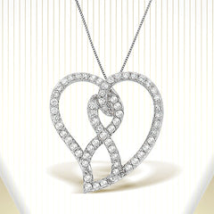 14K White Gold 1.0 Cttw White Diamond Awareness Ribbon & Open Heart 18" Pendant Necklace (H-I Color, I1-I2 Clarity) - White Diamond Ribbon